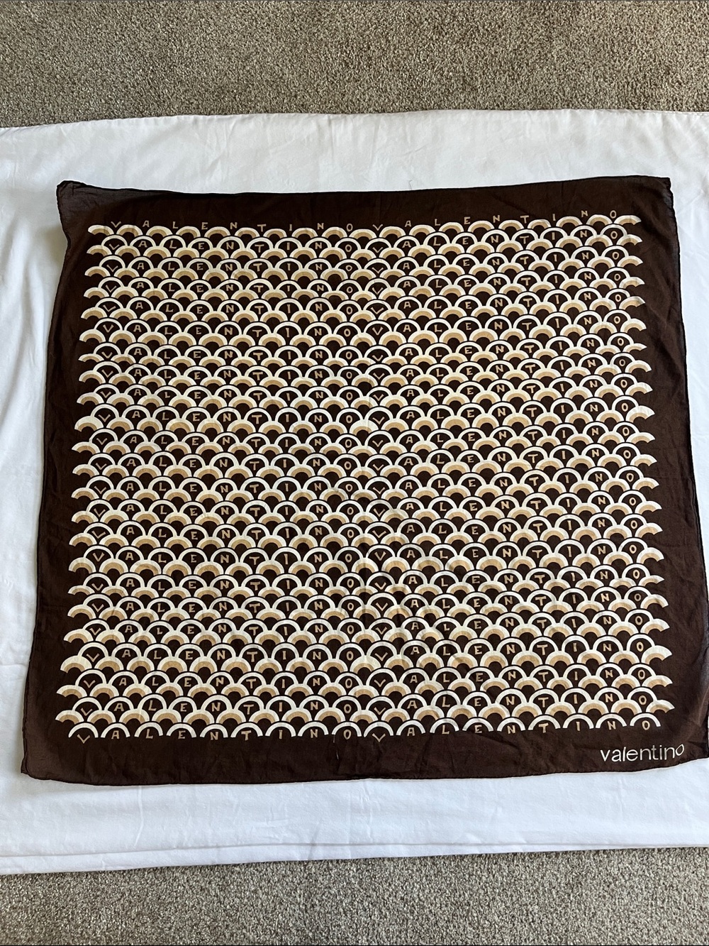 Valentino Brown and Cream Printed Logo Silk Scarf